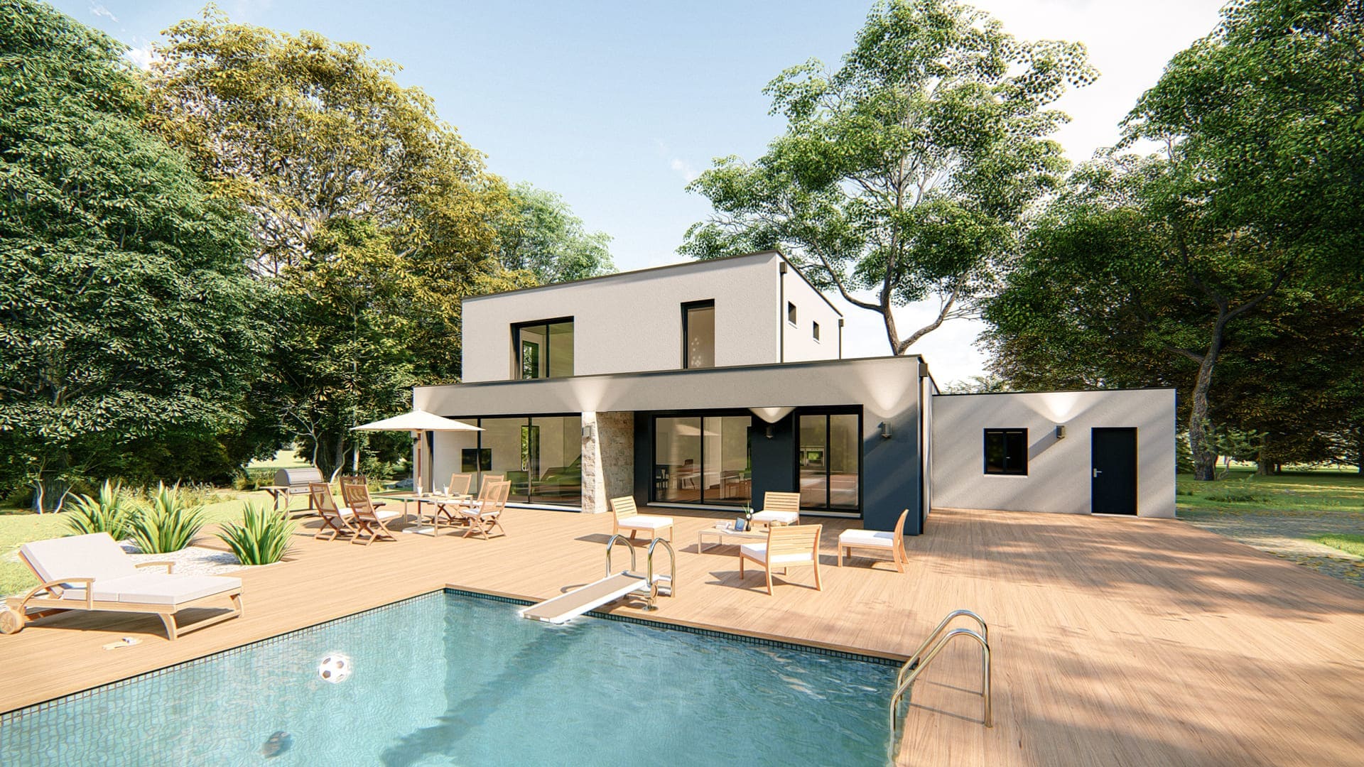Rendu architectural 3D d'une maison toiture terrasse